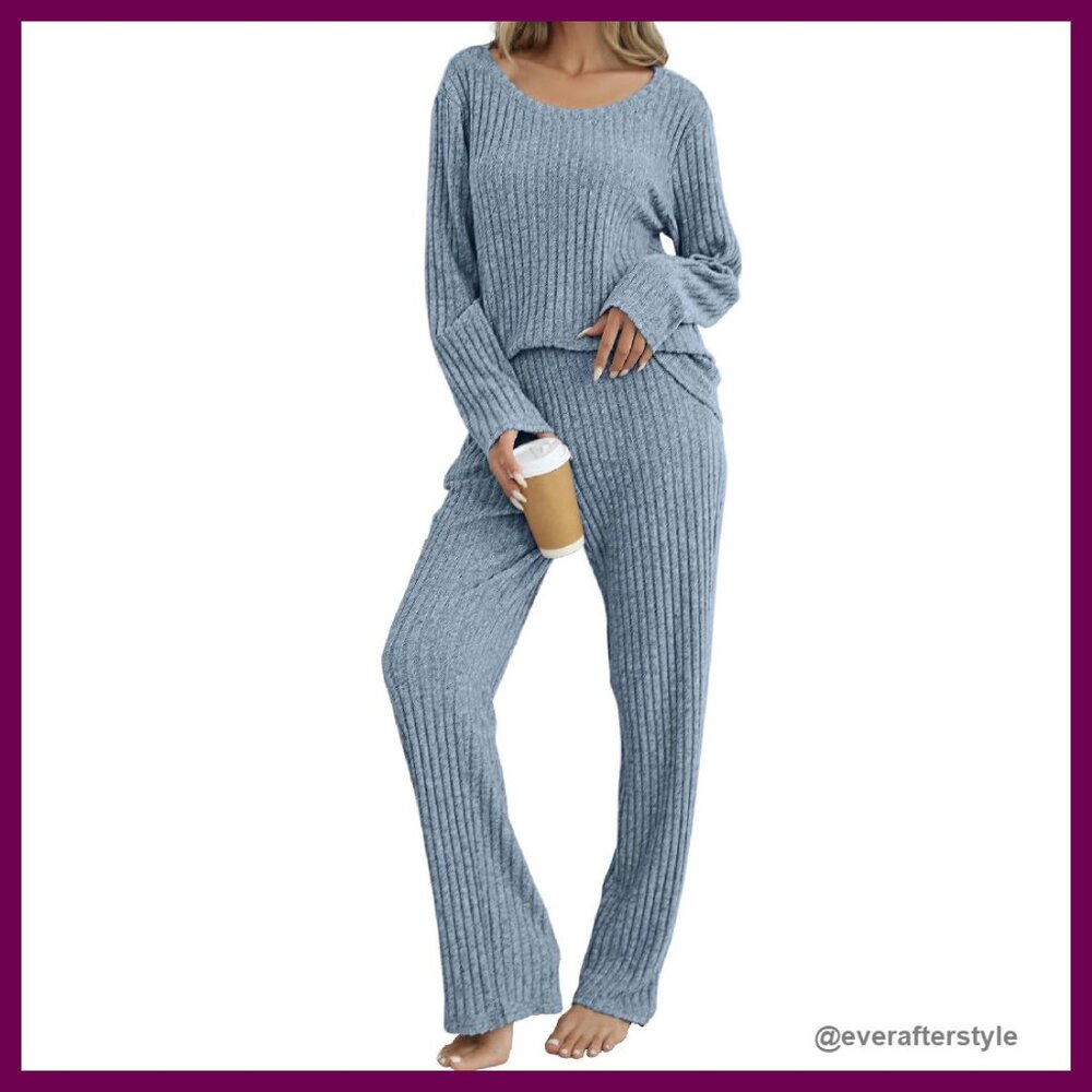 Ribbed Knit Pajama Set Long Sleeve Soft Loungewear Outfit With Pockets